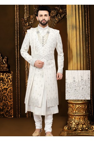 Designer White Nawabi Anarkali Style Sherwani 